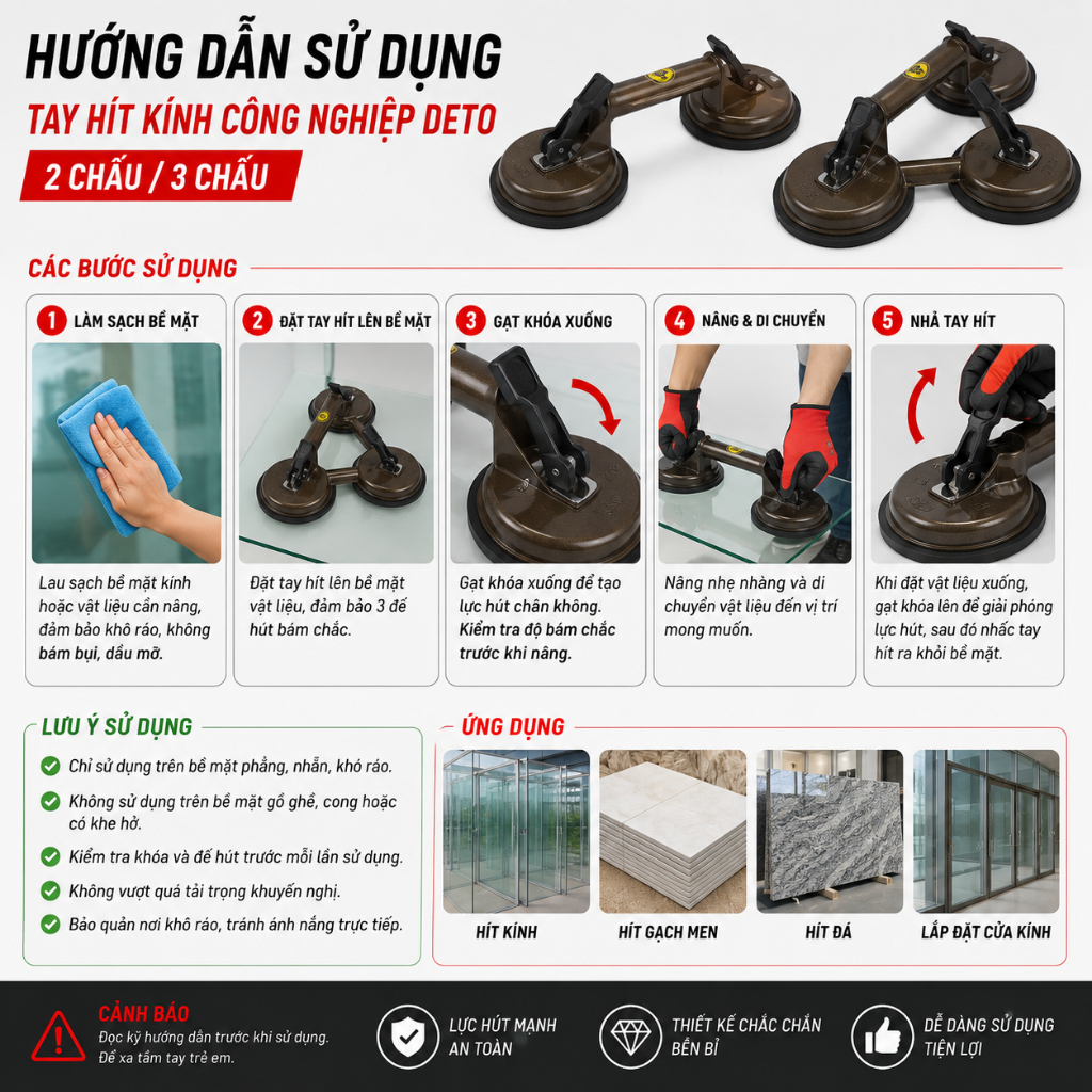 Tay Hít Kính Công Nghiệp Kapusi / DETO 1 Chấu 2 Chấu 3 Chấu - Tay Hút Kính Cao Cấp