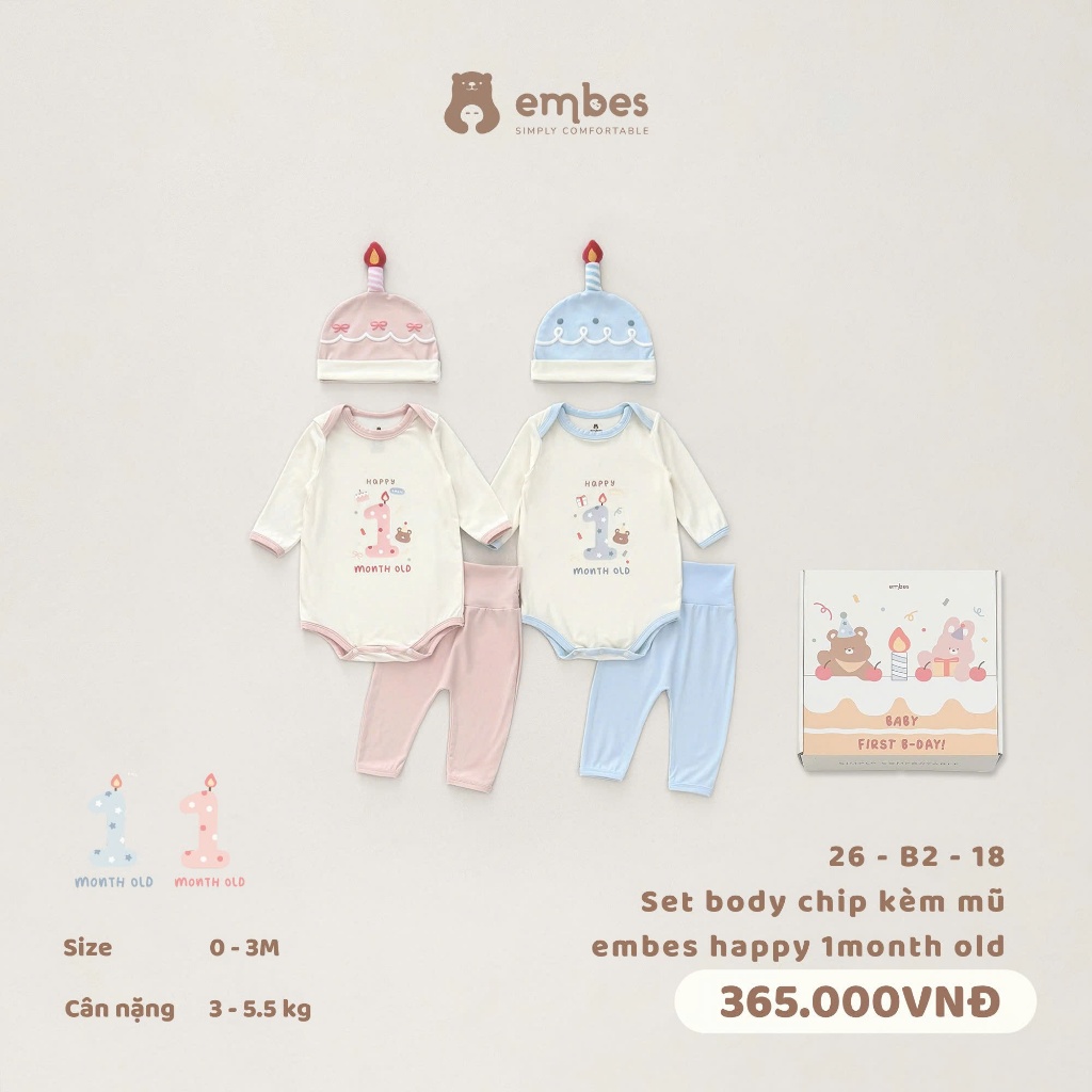 𝐁𝑨𝐁𝐘 𝐅𝐈𝐑𝐒𝐓 𝐁-𝐃𝐀𝐘 | Set Body Chip In Hình "embes happy 1month old"  Kèm Mũ Dành Cho Bé Mặc Đầy Tháng