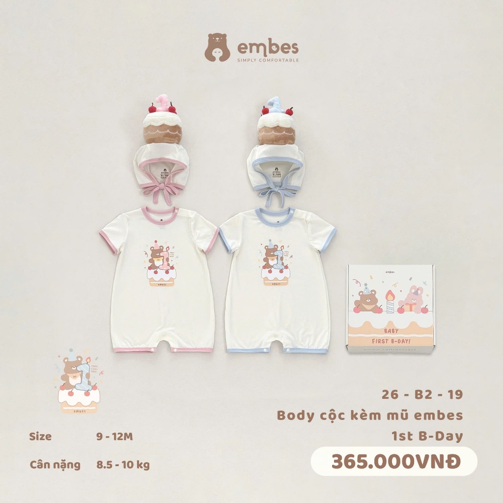 𝐁𝑨𝐁𝐘 𝐅𝐈𝐑𝐒𝐓 𝐁-𝐃𝐀𝐘 | Body Cộc Tay In Hình "embes 1st B-Day" Kèm Mũ Gắn Bánh Sinh Nhật Cho Bé 1 Tuổi