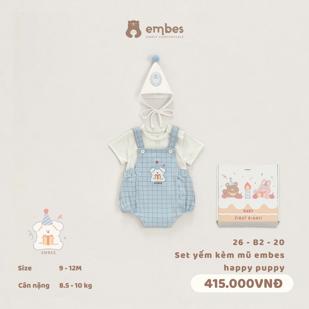 𝐁𝑨𝐁𝐘 𝐅𝐈𝐑𝐒𝐓 𝐁-𝐃𝐀𝐘 | Set Yếm Kẻ Thêu Hình Phối Áo Phông Cộc Tay Kèm Mũ Chóp Sinh Nhật Cho Bé 1 Tuổi