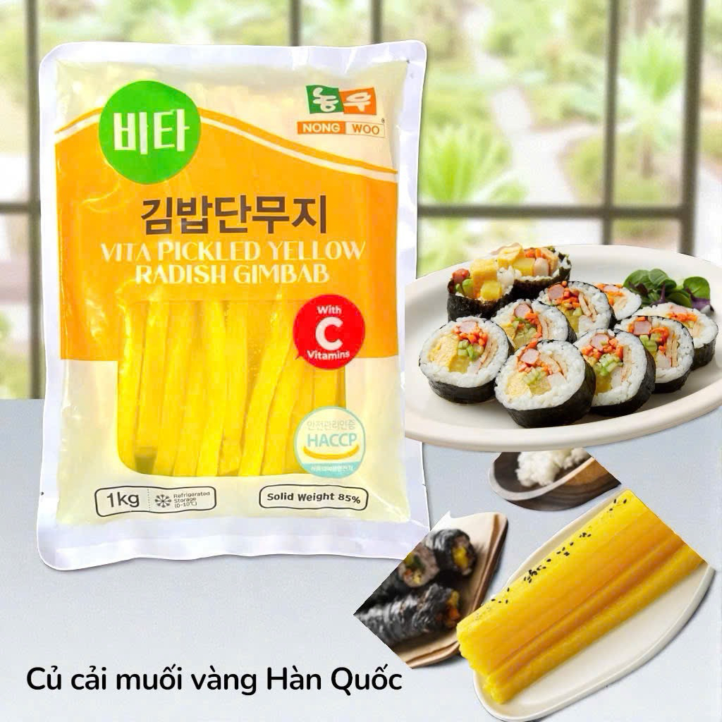 (CHÍNH HÃNG) Củ Cải Muối Cắt Thanh Làm Kim Bắp Cơm Cuộn Nongwoo Hàn Quốc Gói 1Kg