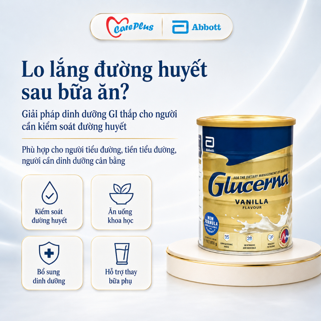 【Combo 2 Lon】 Sữa Bột Glucerna Úc Abbott 850g Vị Vani GI Thấp Dành Cho Người Tiểu Đường HSD 2028