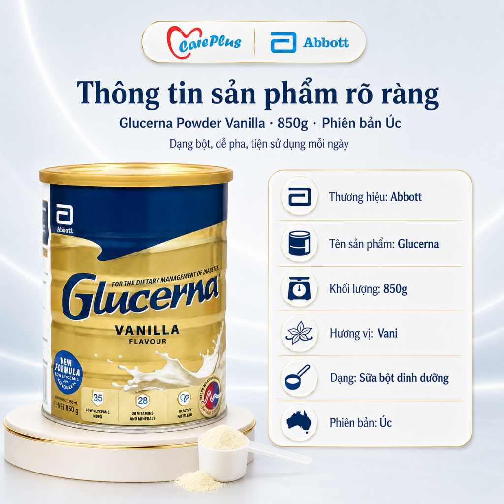【Combo 2 Lon】 Sữa Bột Glucerna Úc Abbott 850g Vị Vani GI Thấp Dành Cho Người Tiểu Đường HSD 2028