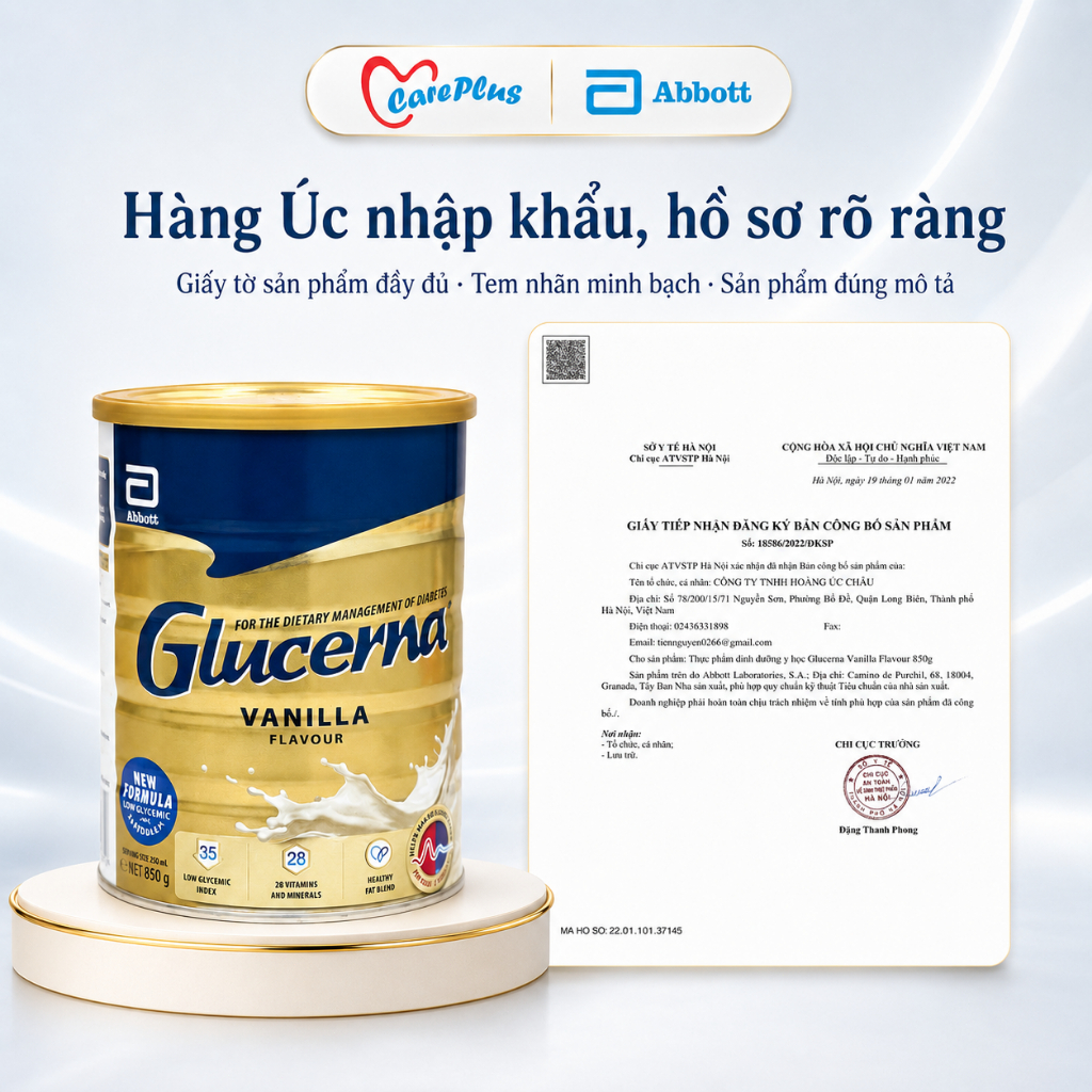 【Combo 2 Lon】 Sữa Bột Glucerna Úc Abbott 850g Vị Vani GI Thấp Dành Cho Người Tiểu Đường HSD 2028