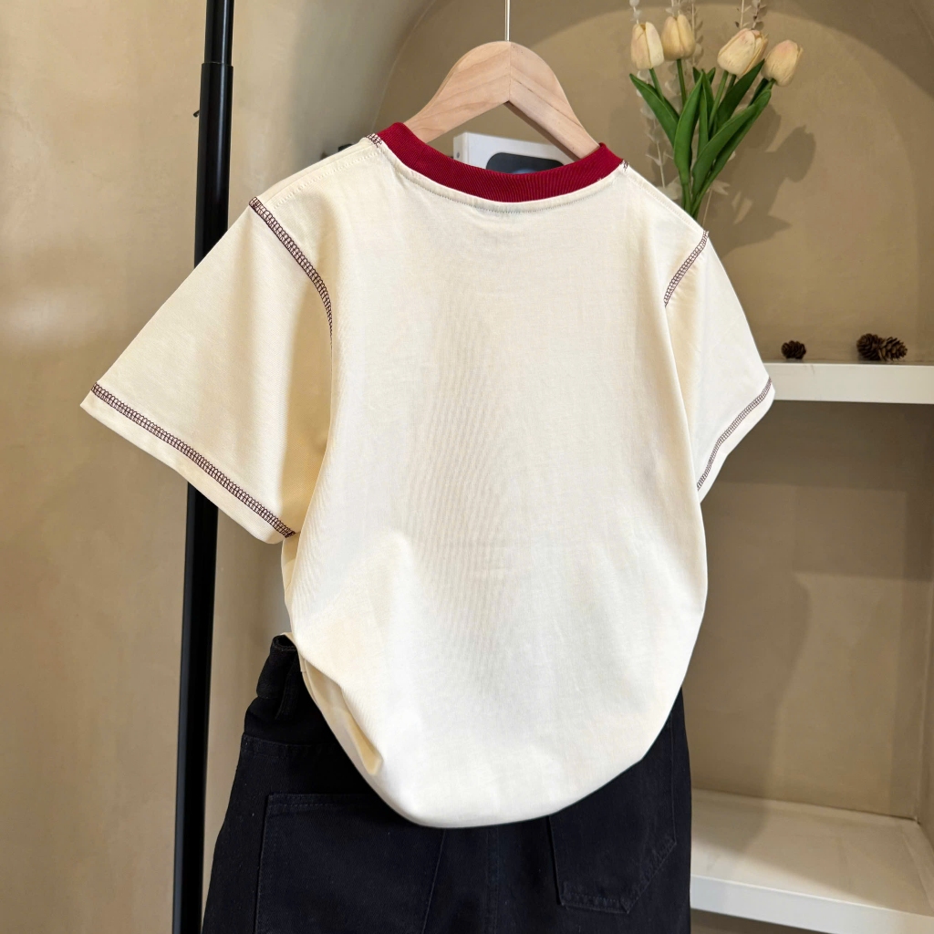 Áo Thun Viền Chữ Ngực Kem Nổi Bật, Chất Cotton Mềm Mịn, Có Kèm Hình Thật.