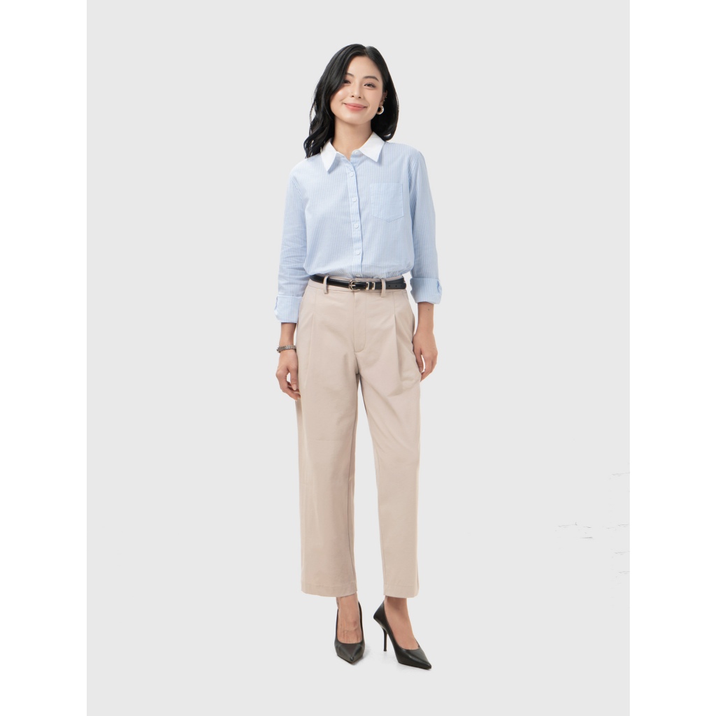 Áo sơ mi nữ CANIFA cổ bẻ dài tay họa tiết kẻ sọc công sở chất liệu cotton mềm mịn 6TH26S005