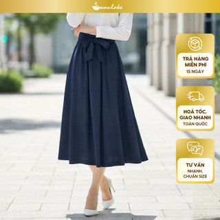 SWANLAKE | Chân Váy Maxi Nữ Dài Xòe Lưng Thun Cạp Cao Thắt Nơ Vải Cotton Công Sở Thanh Lịch V12448