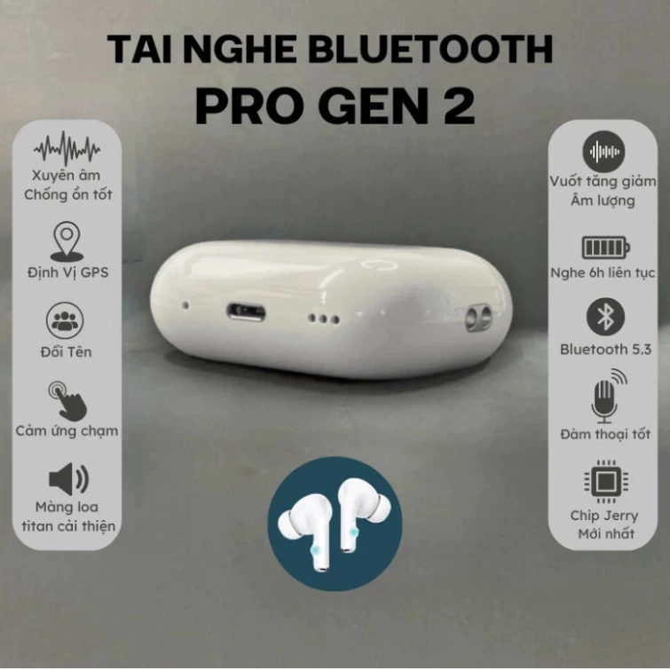 Tai nghe Bluetooth Không Dây Bluetooth Pro 2 Bass Căng Chống Ồn Định Vị Google Map Đổi Tên Cảm Ứng