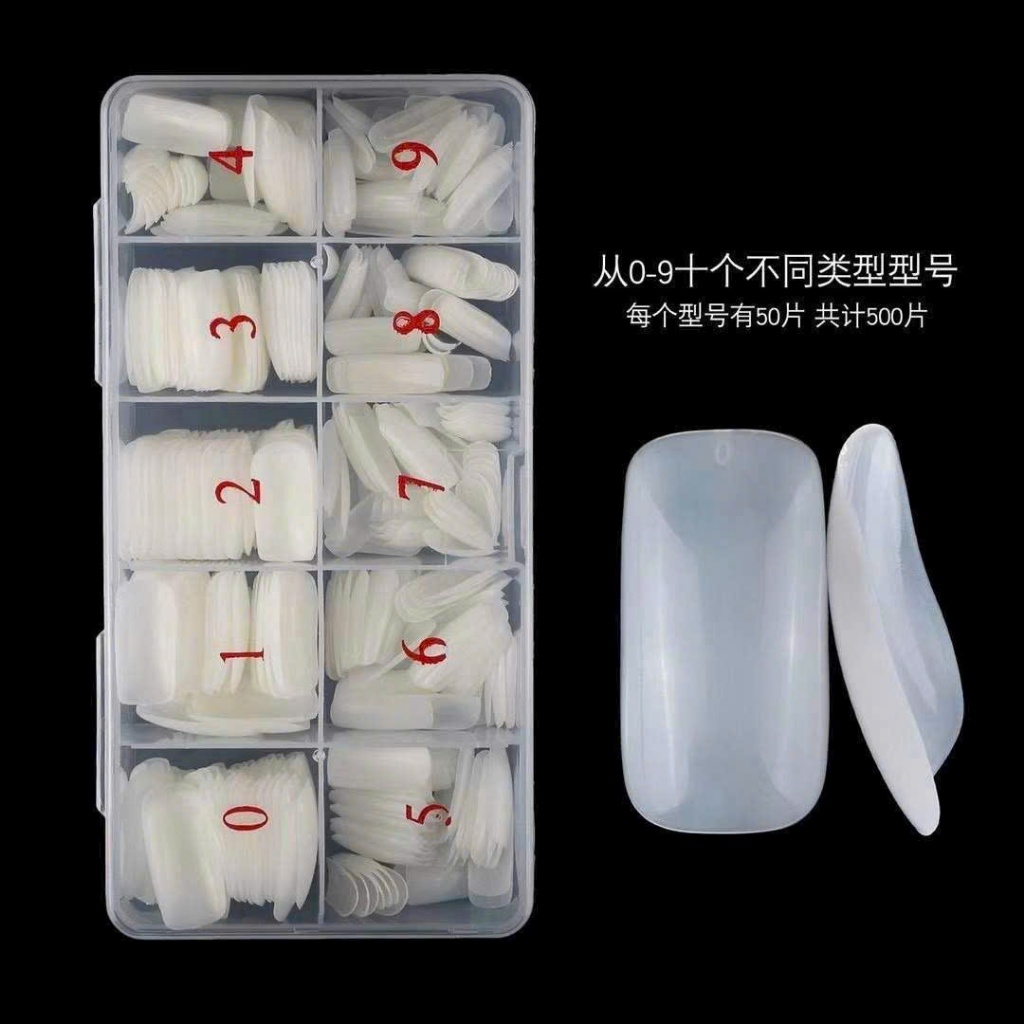 Hộp Móng Úp Chân Giả 500 Móng Form Vuông Dài Màu Đục - Trong - Đủ Size 0-9 Cho Nail