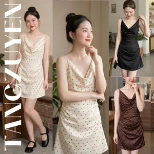 Váy lụa 2 dây cổ đổ nhún eo dáng ngắn chấm bi sang chảnh Đầm nữ sexy quyến rũ dự tiệc đi biển đi chơi cafe xinh T1640G
