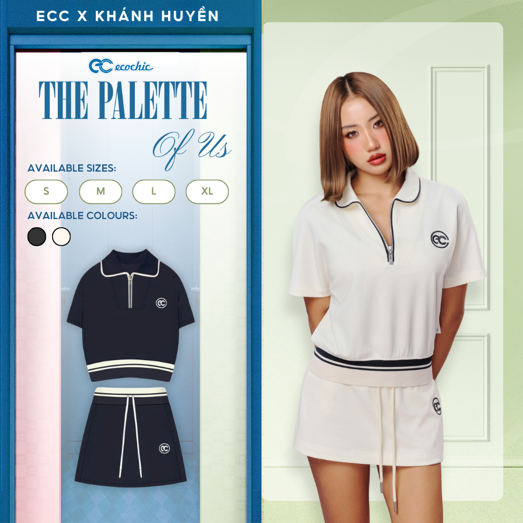Set Bộ Chân Váy ECOCHIC Áo Crop Polo Phối Viền Chân Váy Ngắn Cao Cấp Chính Hãng B236