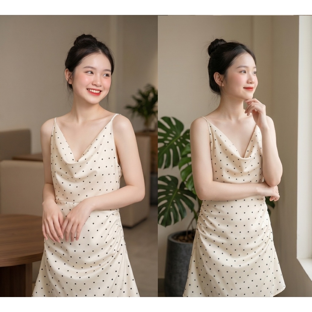 Váy lụa 2 dây cổ đổ nhún eo dáng ngắn chấm bi sang chảnh Đầm nữ sexy quyến rũ dự tiệc đi biển đi chơi cafe xinh T1640G