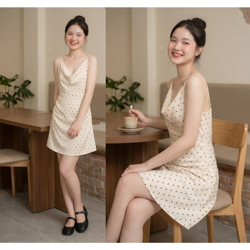 Váy lụa 2 dây cổ đổ nhún eo dáng ngắn chấm bi sang chảnh Đầm nữ sexy quyến rũ dự tiệc đi biển đi chơi cafe xinh T1640G