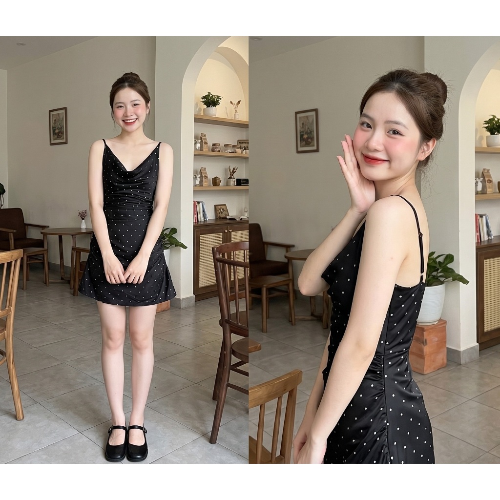 Váy lụa 2 dây cổ đổ nhún eo dáng ngắn chấm bi sang chảnh Đầm nữ sexy quyến rũ dự tiệc đi biển đi chơi cafe xinh T1640G