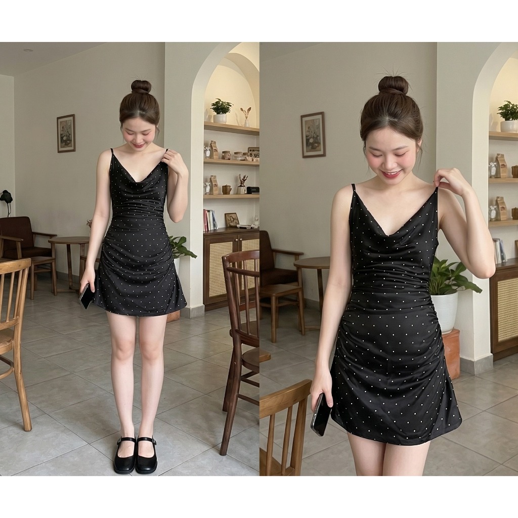 Váy lụa 2 dây cổ đổ nhún eo dáng ngắn chấm bi sang chảnh Đầm nữ sexy quyến rũ dự tiệc đi biển đi chơi cafe xinh T1640G