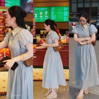 Váy sơ mi maxi dáng dài tay ngắn bồng phối hàng cúc ngực