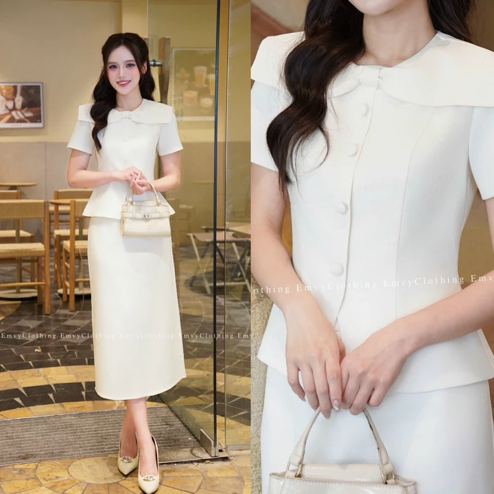 Áo Peplum Công Sở Nữ: Thiết kế cổ phối nơ, kiểu chiết eo che bụng, chất Chéo Ý 2 lớp lót lụa Emvy Fashion H65