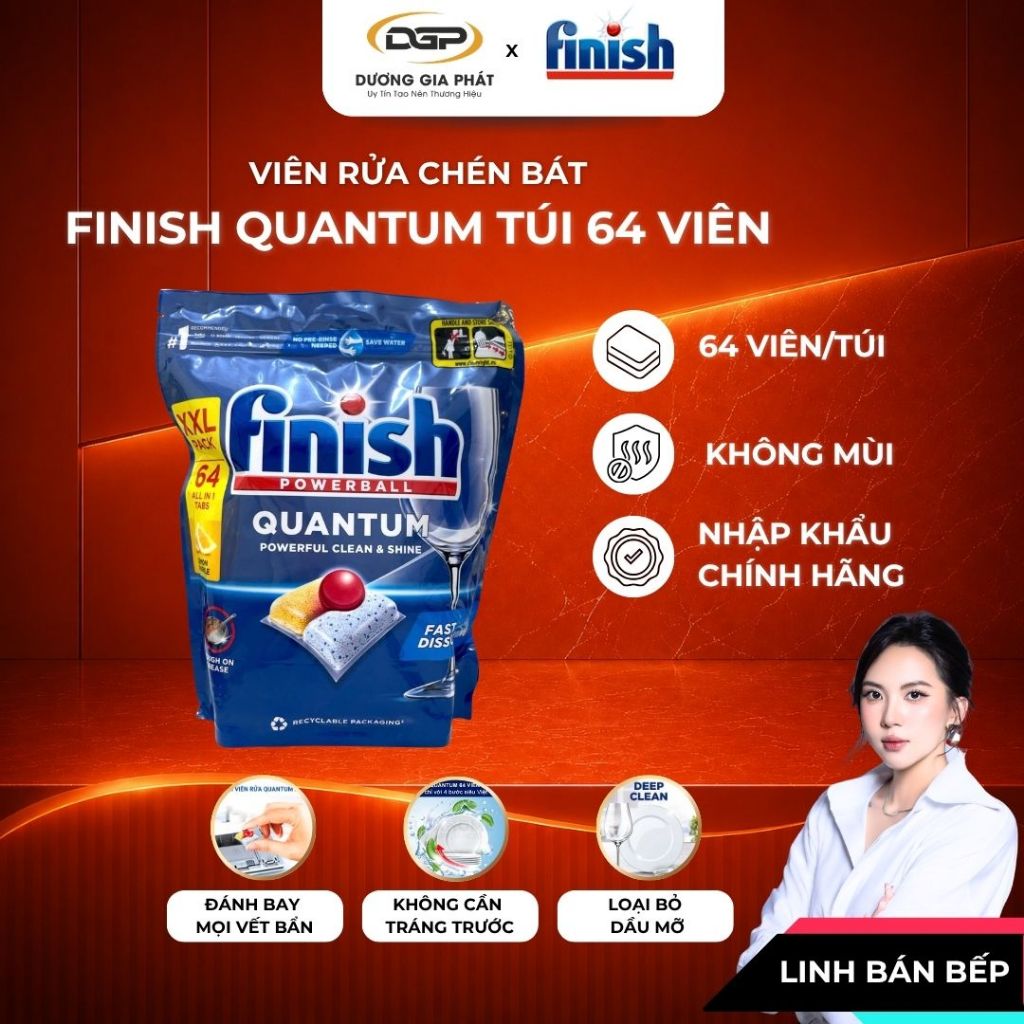Viên Rửa Bát Finish Quantum All in1 Túi 64 Viên Làm Sạch Dầu Mỡ Cho Máy Rửa Bát Sạch Sâu & Bóng Sáng - Bếp Dương Gia