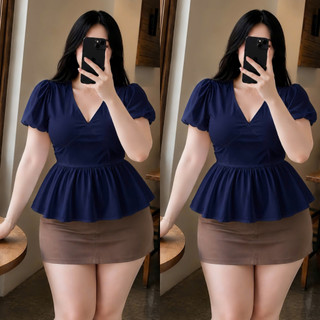 Áo Babydoll Bigsize Nữ Áo Peplum Dáng Xòe Cổ V Tay Ngắn Bồng Dễ Thương Cho Chubby A357