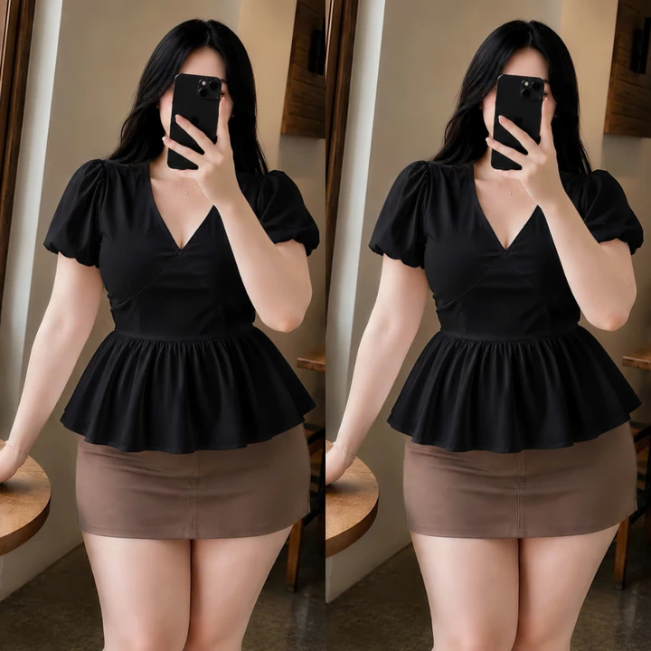 Áo Babydoll Bigsize Nữ Dáng Peplum Cổ Tim Vạt Xòe Tay Ngắn Bồng Dễ Thương Cho Chubby A357