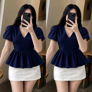 Áo Babydoll Bigsize Nữ Áo Peplum Dáng Xòe Cổ V Tay Ngắn Bồng Dễ Thương Cho Chubby A357