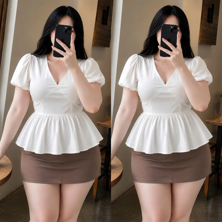 Áo Babydoll Bigsize Nữ Dáng Peplum Cổ Tim Vạt Xòe Tay Ngắn Bồng Dễ Thương Cho Chubby A357