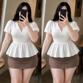 Áo Babydoll Bigsize Nữ Áo Peplum Dáng Xòe Cổ V Tay Ngắn Bồng Dễ Thương Cho Chubby A357