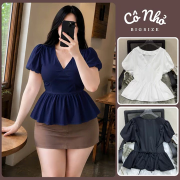 Áo Babydoll Bigsize Nữ Dáng Peplum Cổ Tim Vạt Xòe Tay Ngắn Bồng Dễ Thương Cho Chubby A357