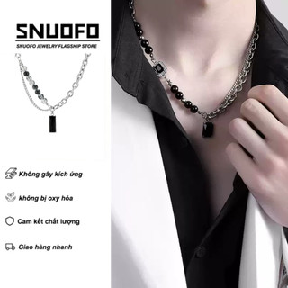 SNUOFO - Dây chuyền 2 lớp nam nữ thép titan mặt đá zirconia đen chuỗi hạt phong cách sang trọng độc đáo