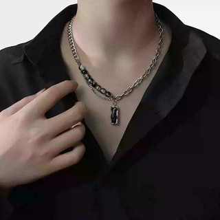 SNUOFO - Dây chuyền 2 lớp nam nữ thép titan mặt đá zirconia đen chuỗi hạt phong cách sang trọng độc đáo