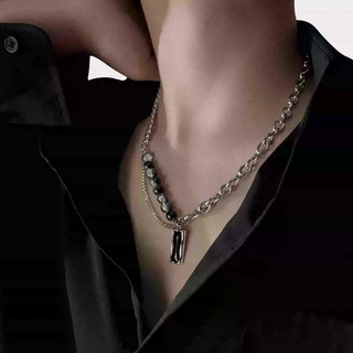 SNUOFO - Dây chuyền 2 lớp nam nữ thép titan mặt đá zirconia đen chuỗi hạt phong cách sang trọng độc đáo