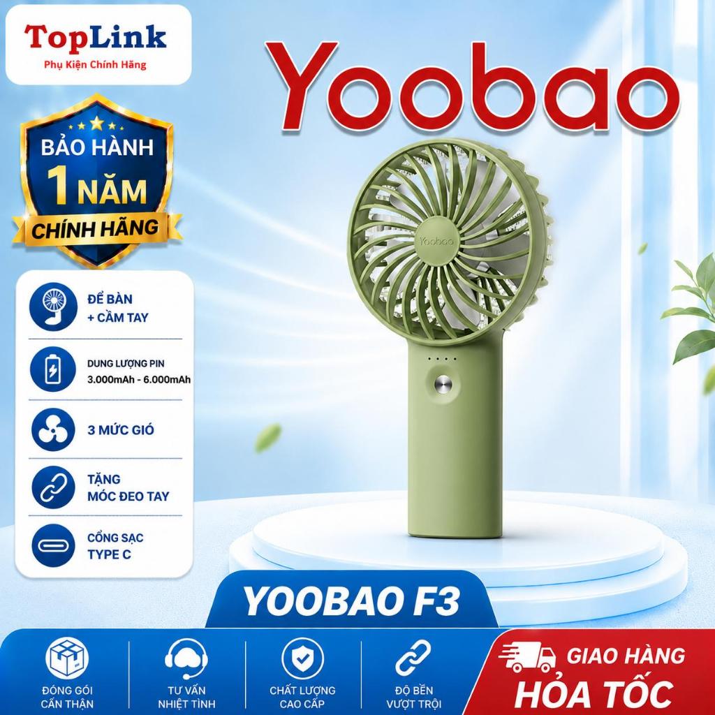 Quạt Tích Điện Cầm Tay Pin Trâu 32h Sử Dụng Yoobao F3 Với 3 Tốc Độ Gió Có Đèn Báo Pin Thiết Kế Nhỏ Ngọn - TopLink