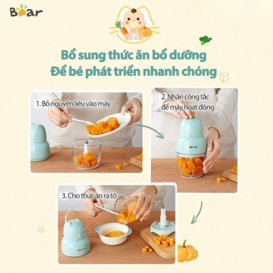 Máy Xay Ăn Dặm 0.3L Bear QSJ-B01P1 (CH-4H01T) - Cối Thủy Tinh, 3 Lưỡi Dao Sắc Bén - Hàng Chính Hãng
