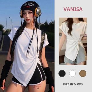 Áo thun nữ form suông vạt chéo nhún eo giấu bụng trắng đen VANISA CT057