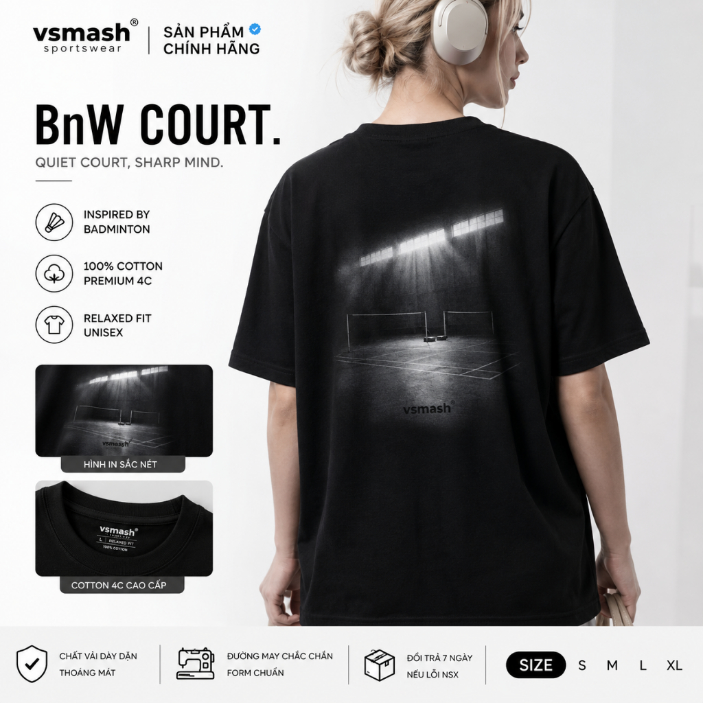 Áo Thun Cầu Lông Unisex Vsmash Sportwear "BLACK & WHITE Court" in Trame– Vải Bông Em Bé Mềm Mịn, Thoáng Mát,Thấm hút