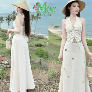 L_ Set váy dài, set đồ đi biển áo cổ yếm Mango thêu hoa đan dây + váy midi Cotton đính hoa mặc hè