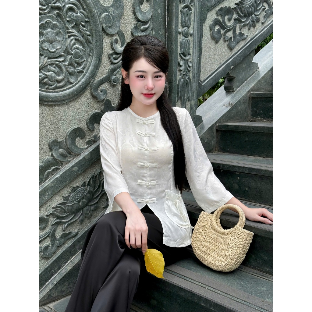 Pháp Phục Đi Chùa Gấm  Cổ Tròn  Lụa Gấm Chữ Thọ Tơ Cao Cấp Ba Màu Đi Lễ Chùa Thanh Lịch Tiểu Thư
