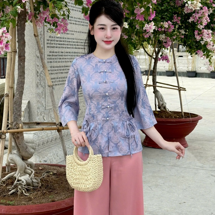 Pháp Phục Đi Chùa Gấm  Cổ Tròn  Lụa Gấm Chữ Thọ Tơ Cao Cấp Ba Màu Đi Lễ Chùa Thanh Lịch Tiểu Thư