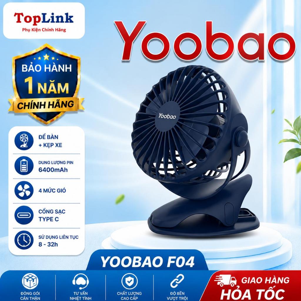 Quạt Kẹp Tích Điện Mini Yoobao F04 Pin Khủng 6400mah Chạy 1.5 Ngày Có 4 Mức Gió Siêu Bền Bảo Hành 12 Tháng Chính Hãng