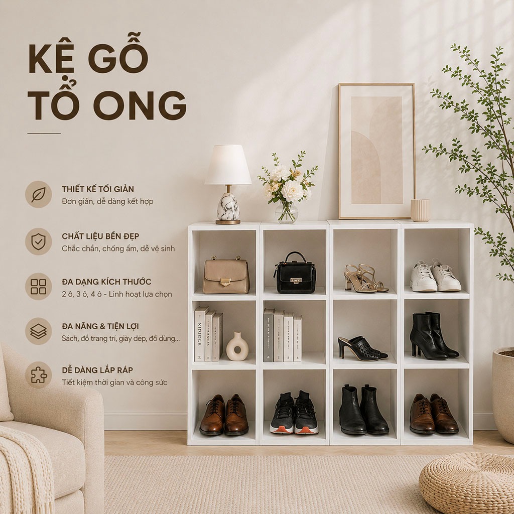 kệ gỗ tổ ong đa năng màu trắng lắp ráp tiện lợi chắc chăn, kệ sách 2 3 4 tầng