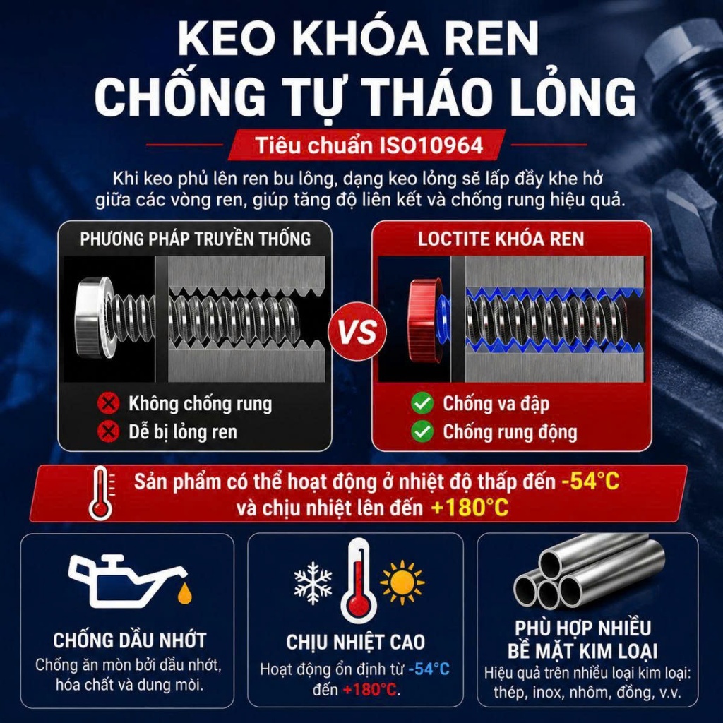 Keo khóa ren kim loại Loc ti te 242 243 271 272 263 cố định chống xoay ốc vít tuýp 50ml