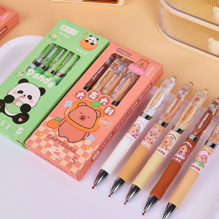 Bộ 5 bút gel ngòi “K35" 0.5mm capybara bấm nhanh khô không lem dễ thương luyện thi học sinh văn phòng