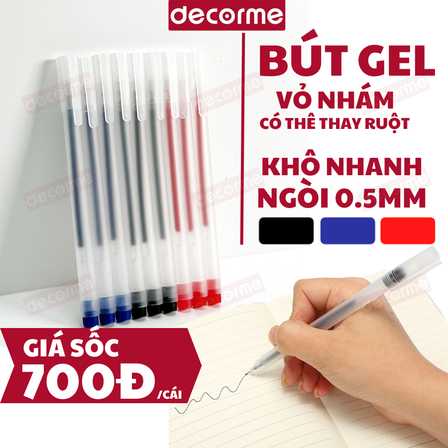Bút gel khô nhanh 3 màu đen xanh đỏ Decrome bút nước Muji bản dupe thay được ngòi 13cm