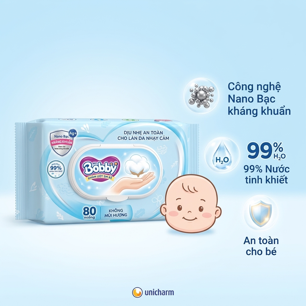 KHĂN ƯỚT BOBBY 80 MIẾNG - CÔNG NGHỆ NANO BẠC KHÁNG KHUẨN, 99% NƯỚC TINH KHIẾT, AN TOÀN CHO BÉ