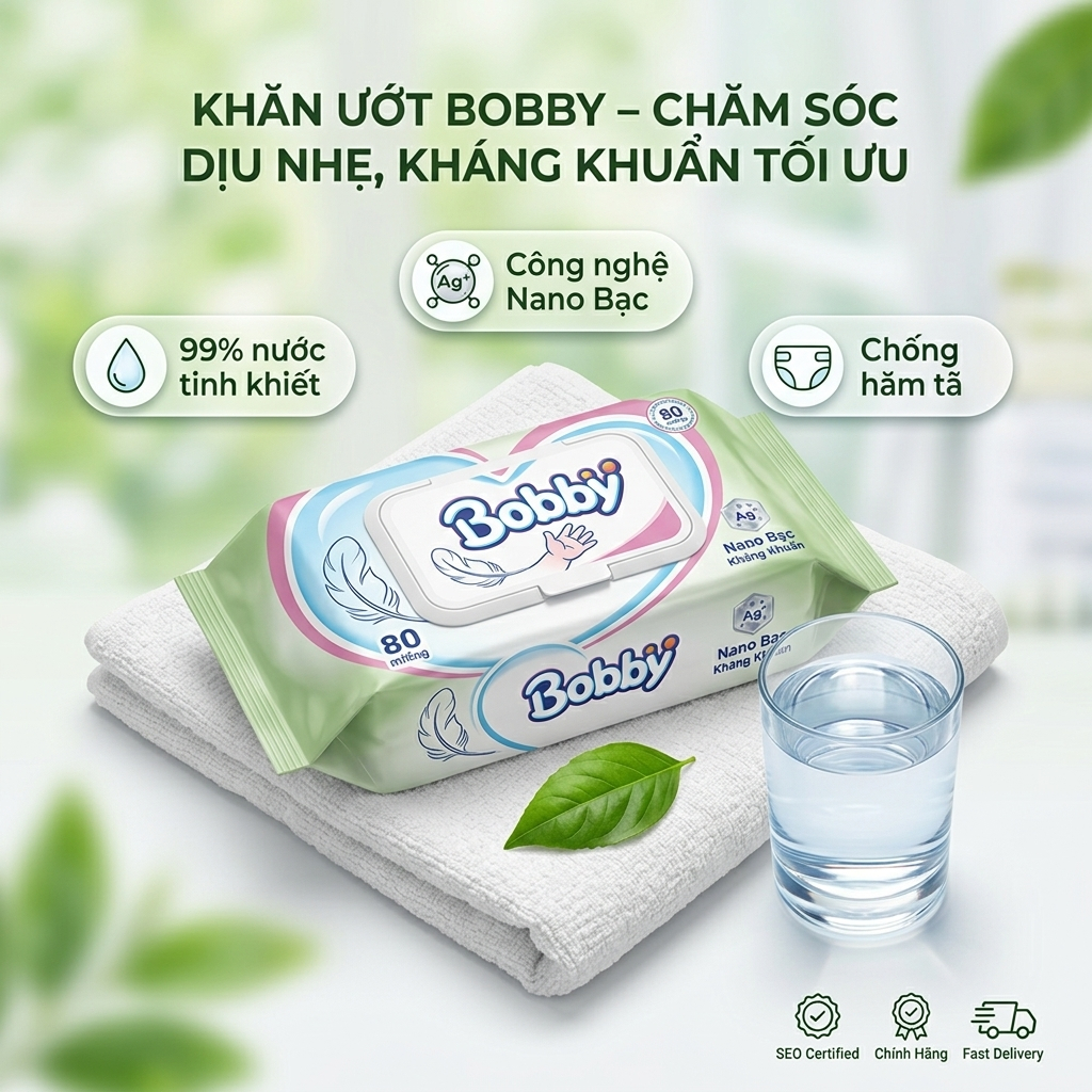 KHĂN ƯỚT BOBBY 80 MIẾNG - CÔNG NGHỆ NANO BẠC KHÁNG KHUẨN, 99% NƯỚC TINH KHIẾT, AN TOÀN CHO BÉ