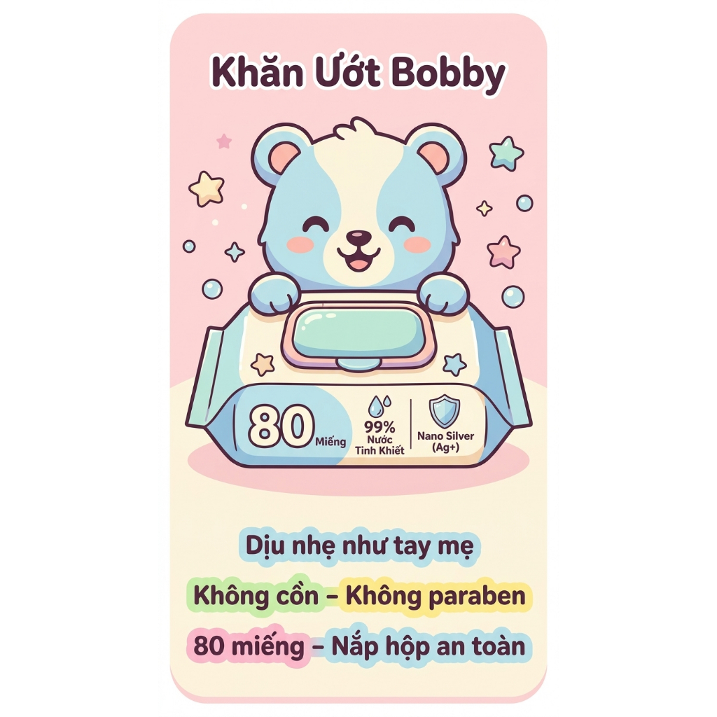 KHĂN ƯỚT BOBBY 80 MIẾNG - CÔNG NGHỆ NANO BẠC KHÁNG KHUẨN, 99% NƯỚC TINH KHIẾT, AN TOÀN CHO BÉ