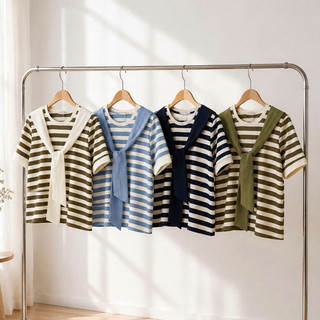 Áo Thun Nữ Basic LAMER FASHION Áo Kiểu Phối Khăn Liền Chất Cotton Mềm Mát Kẻ Sọc O61B26H016