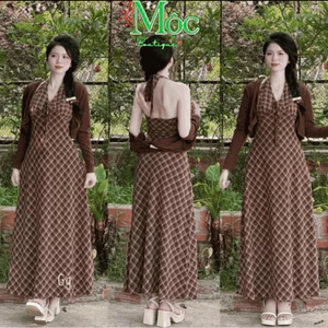 Đầm váy dài Lụa Mango họa tiết Caro dáng dài xoè mềm mại kèm khoác ngoài xinh xắn nữ tính