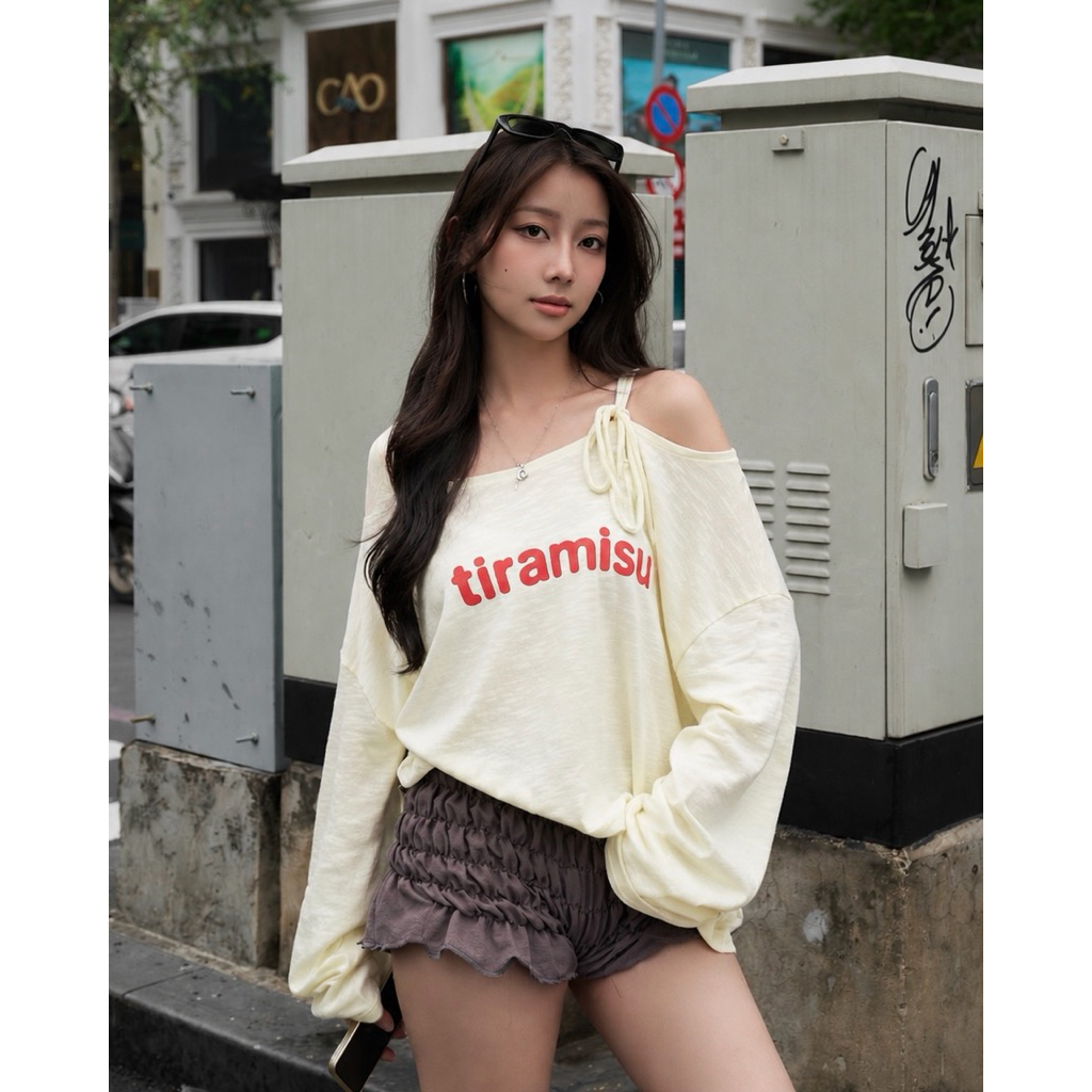 MADMIND Áo Nữ Trễ Vai Cột Dây Tay Dài Tiramisu D16 (Xuyên Thấu Nhẹ) - Áo Lệch Vai Mặc Mùa Hè Màu Vàng, Xám, Xanh Tiffany | BigBuy360 - bigbuy360.vn