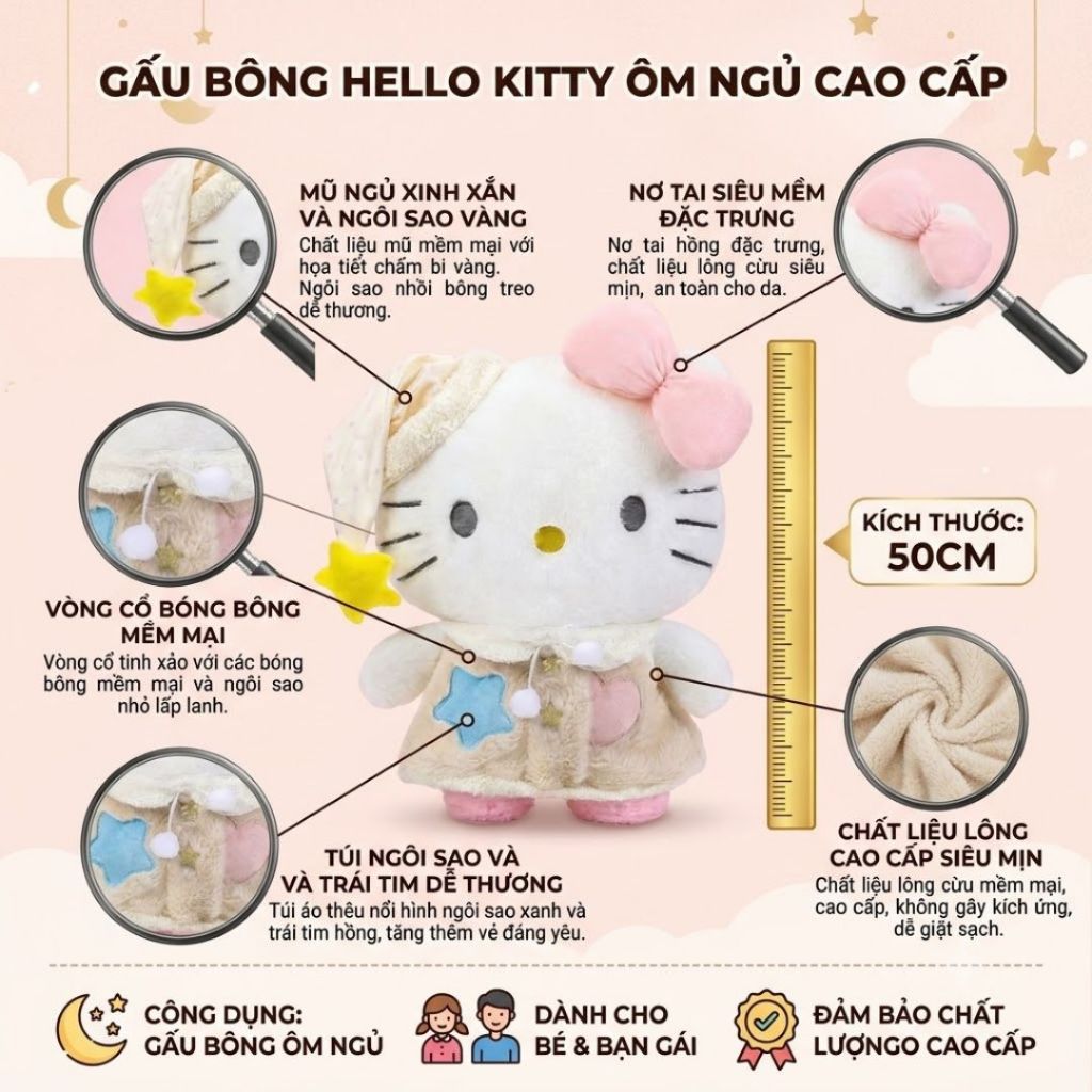Gấu Bông Hello Kitty Mặc Đồ Ngủ Xinh Dễ Thương, Hello Kitty Nhồi Bông Mềm Mại Quà Tặng Gấu Ôm Ngủ Cho Bé.,Bạn Gái